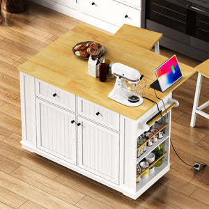 English Elm K&K 48 Inch Kitchen Island Cart with Drop Leaf, Built-In Power Station, Adjustable Shelves & Wheels White N707P257057W