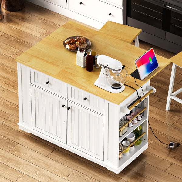 English Elm 48 Inch Rolling Kitchen Island Drop Leaf Prep Cart with Power Outlets and Open Shelving White N707S257057W