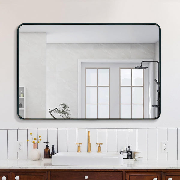 English Elm 30x40 Inch Metal Framed Rectangular Bathroom Mirror 4mm HD Glass Shatterproof Film Modern Design Black W2203P303033