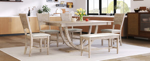 English Elm Topmax Six Piece Rubberwood Dining Set with Bench Linen Seats Sculptural Modern Style Seadrift N717S000029A