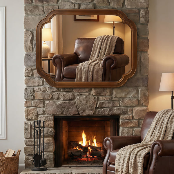 English Elm Black Walnut Solid Wood Frame Mirror with Rounded Corners for Bedroom or Entryway W2203P455260