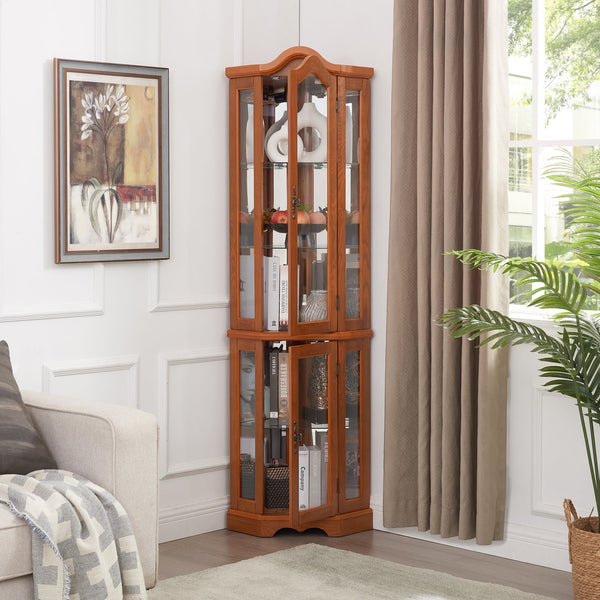 English Elm Lighted Corner Curio Cabinet With Adjustable Shelves & Tempered Glass - Elegant Oak Display Piece W1758P300132