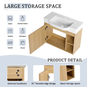 English Elm 28'' Floating Bathroom Vanity with Ceramic Sink Soft Close Door Melamine Cabinet Light Oak W999P426639