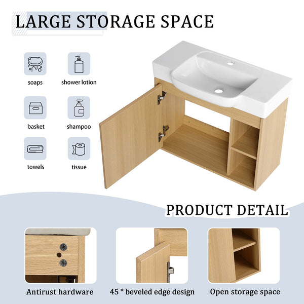 English Elm 28'' Floating Bathroom Vanity with Ceramic Sink Soft Close Door Melamine Cabinet Light Oak W999P426639