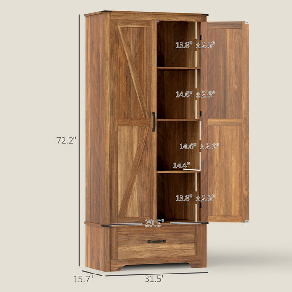 English Elm Kitchen Pantry Cabinet Tall Farmhouse Barn Door Storage with Adjustable Shelves Brown T3971P430946