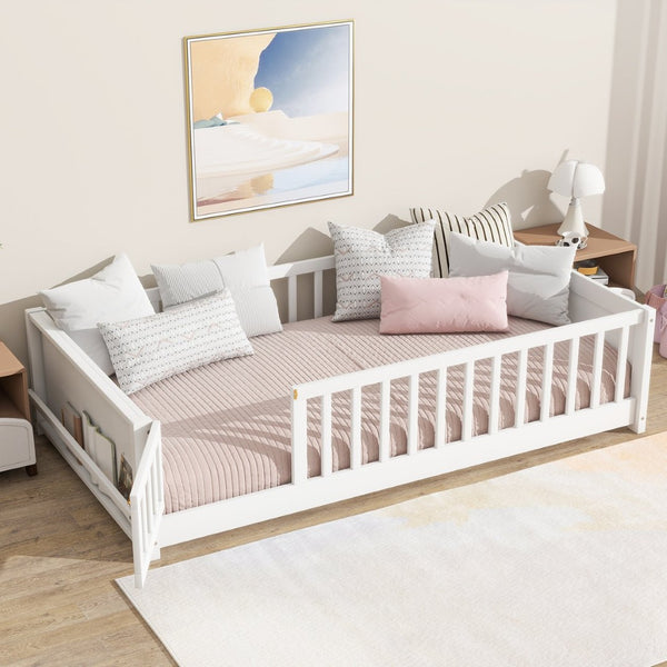 English Elm Twin Size Floor Bed With Integrated Book Rack & Cozy Nook For Imaginative Kids’ Bedrooms, White W504P345769-GIGA