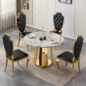 English Elm 47" Round Marble Dining Table - Chic Faux Marble Top & Gold Stainless Steel Base - Versatile & Durable Design For Any Space W3456S00009