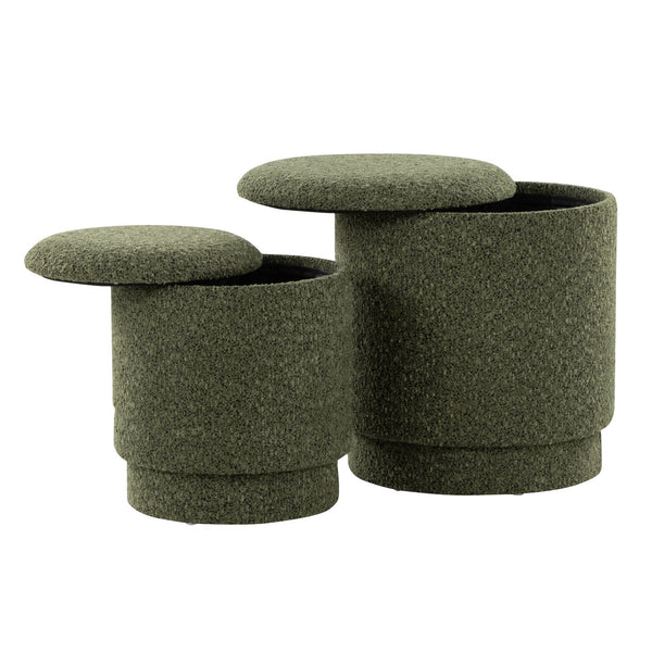 English Elm Ottoman Set Nesting Storage Cubes Upholstered in Rich Fabric for Modern Living Spaces Green B202P471501