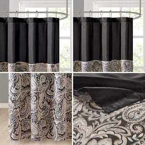 JLA Home Madison Park - Jacquard textured paisley shower curtain with contrasting top stripe, durable polyester, machine washable Black MP70-845