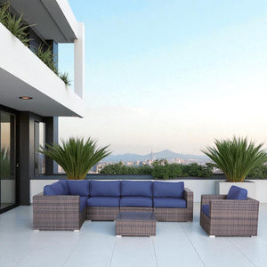 English Elm Luxury 7-Piece Assembled Rattan Patio Sectional with Navy Cushions, HDPE Wicker, Aluminum Frame, Ready-to-Use B120S00215