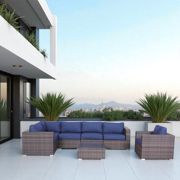 English Elm Luxury 7-Piece Assembled Rattan Patio Sectional with Navy Cushions, HDPE Wicker, Aluminum Frame, Ready-to-Use B120S00215