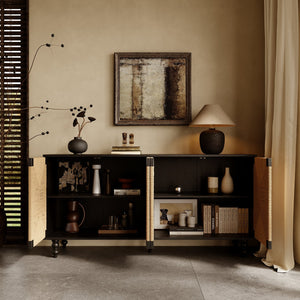 English Elm Accent Coastal Sideboard with Handwoven Seagrass Doors and Wire-brushed Wood Finish W2263P395490
