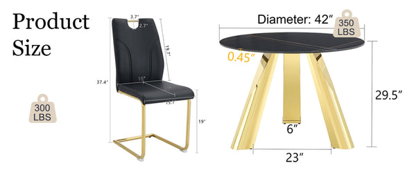 English Elm Table Set - Luxurious 42-Inch Round Dining Table With 4 Black Chairs And Golden Metal Legs For Modern Homes W2920S00043-GIGA