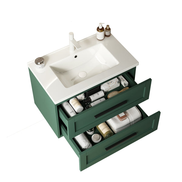 English Elm JODI 30" Floating Bathroom Vanity with Ceramic Sink, Soft-Close Drawers, Wall-Mount Storage Green W2615S00063