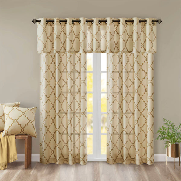JLA Home Madison Park - Fretwork Metallic Fretwork Print Valance with Grommet Top — Textured Cotton-Blend Light Filter Beige/Gold MP41-3601