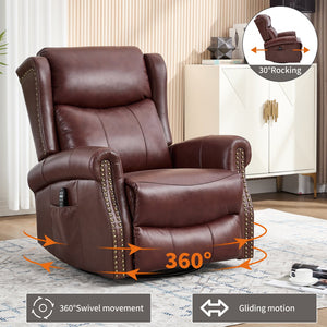 English Elm Heat Massage Rocker Swivel Recliner Genuine Leather Chair with Lumbar Vibration Nodes W3224S00014
