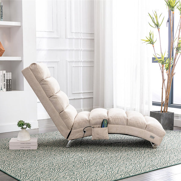 English Elm Linen Ergonomic Massage Chaise Lounge 140° Recline with Remote, 5 Modes, Heavy-Duty Frame, Beige W39539619