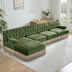 English Elm 135" Chesterfield Velvet Sectional with Tufted Back Tassel Skirt and Modular Living Room Design Green W714S01713