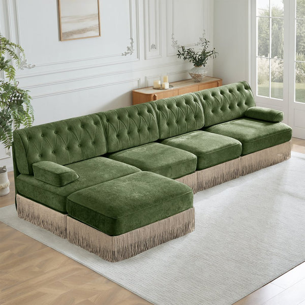 English Elm 135" Chesterfield Velvet Sectional with Tufted Back Tassel Skirt and Modular Living Room Design Green W714S01713