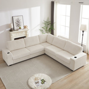 English Elm 110-Inch Oversized Corduroy Corner Sofa with Storage, USB & Cup Holders, Deep Plush Seating Comfort Beige W834S00284