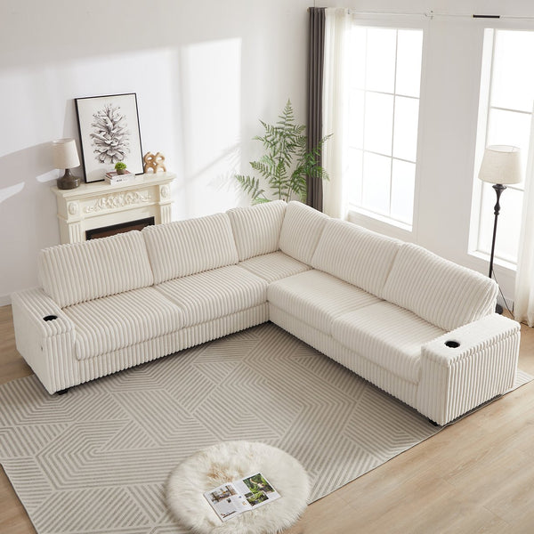 English Elm 110-Inch Oversized Corduroy Corner Sofa with Storage, USB & Cup Holders, Deep Plush Seating Comfort Beige W834S00284