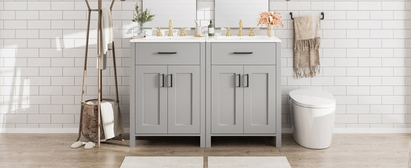 English Elm Modern 48 Inch Freestanding Bathroom Vanity Dual Ceramic Sinks Soft Close Gold Handles Grey N729P000008E