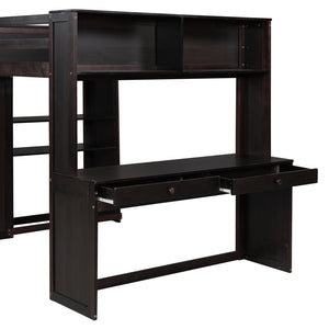 English Elm Full Twin Loft Bed with Desk Wardrobe Shelves Pine Wood Frame Kids Bedroom Espresso LT000821AAP-1
