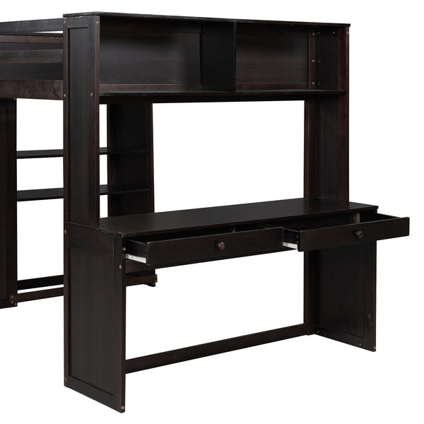 English Elm Full Twin Loft Bed with Desk Wardrobe Shelves Pine Wood Frame Kids Bedroom Espresso LT000821AAP-1