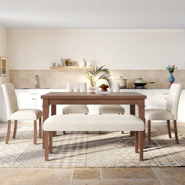 English Elm 6-piece Rectangular Dining Set with Wood Grain Table Four Upholstered Chairs and Bench Walnut N752S000012D