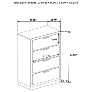 English Elm Modern four-drawer chest with sleek mid-century lines, smooth glides, wood construction, slim handles, versatile bedroom storage solution Gold,White 34.25 L x 21.26 W x 48.42 H B011P362582