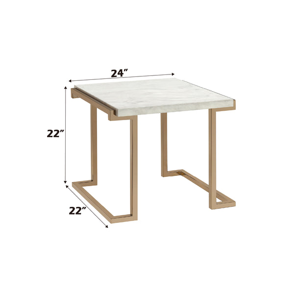 English Elm Boice Champagne Faux Marble Top End Table with Champagne Metal "C" Base, KD Assembly, Modern Glam Finish B2726P410329