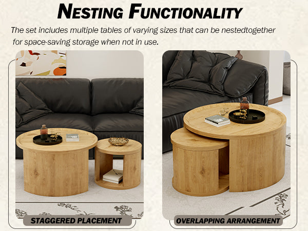 English Elm Round Nesting Coffee Tables with Wood Grain Tops Minimalist Set for Living Room W1727S00091