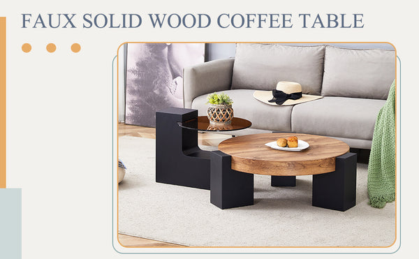 English Elm Modern Double-Layer Round Coffee Table with Detachable Top, Tinted Glass & Wood MDF Shelf, Black L-Legs (30.7") W1151P209571