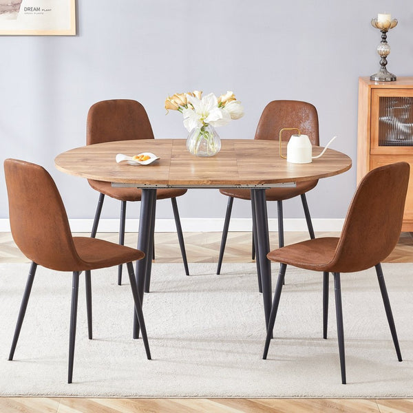 English Elm Table And Chair Set - Modern Extendable Round-To-Oval Dining Table With 4 Plush Suede Chairs For Comfort W1151S04100-GIGA