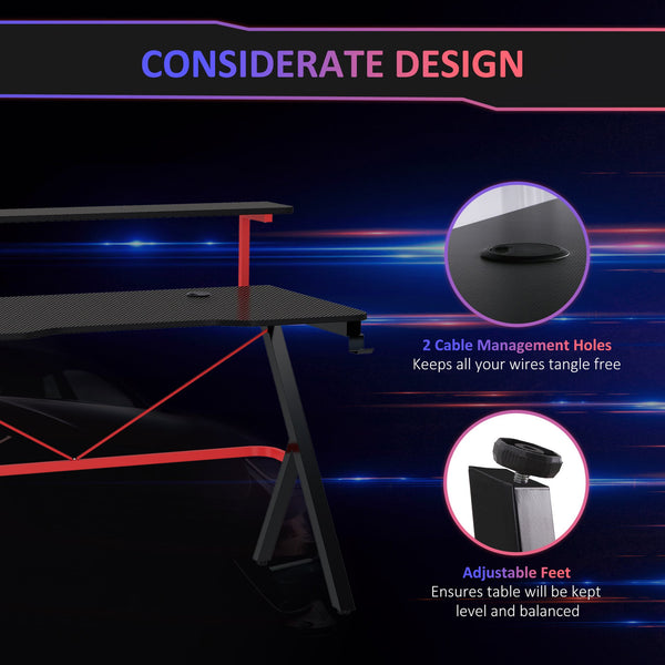 English Elm HOMCOM 47" Gaming Desk with Elevated Monitor Shelf, Carbon-Fiber Top, K-Frame, Cup Holder Hook Cable Management W2225S00062