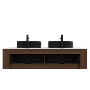 English Elm Dina 60 Inch Floating Bathroom Vanity Sintered Stone Top Dual Glass Basins Wood Grain Black + Dark Walnut,Carrara White W2615S00204