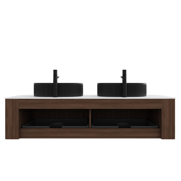 English Elm Dina 60 Inch Floating Bathroom Vanity Sintered Stone Top Dual Glass Basins Wood Grain Black + Dark Walnut,Carrara White W2615S00204