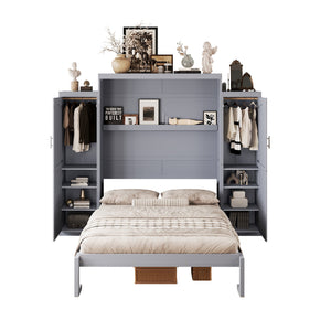 English Elm Queen Murphy Wall Bed Walnut Wooden Frame Dual Wardrobes Foldable Guest Room Storage N733S235627E