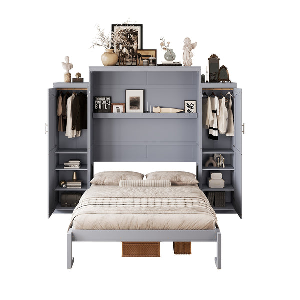 English Elm Queen Murphy Wall Bed Walnut Wooden Frame Dual Wardrobes Foldable Guest Room Storage N733S235627E