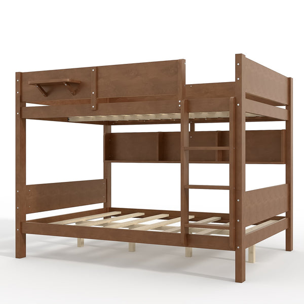 English Elm Queen Over Solid Pine Bunk Bed with Built in Shelves and Tray for Guest Rooms Brown W5305S00008