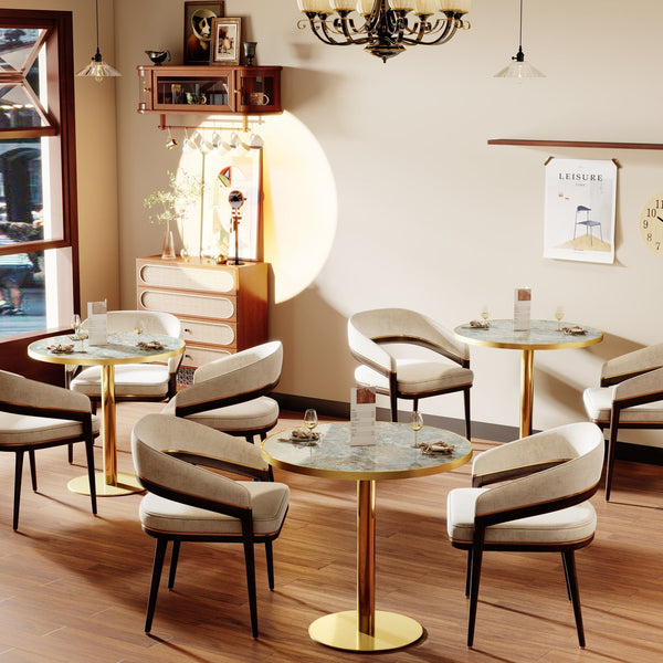 English Elm Round Tulip Bistro Table Faux Marble Top Gold Pedestal Base for Small Dining Spaces W3316P421498