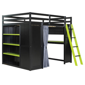 English Elm Full Size Wood Loft Bed with Wardrobe Desk Shelves Rgb Lighting and Blackout Curtains Black+Green LT000269AAF-1