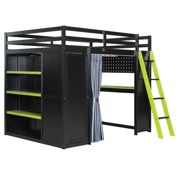 English Elm Full Size Wood Loft Bed with Wardrobe Desk Shelves Rgb Lighting and Blackout Curtains Black+Green LT000269AAF-1