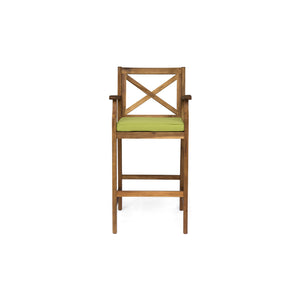 English Elm Christopher Knight Home® - PERLA Acacia Wood Outdoor Barstool Set of 2 with Water-Resistant Cushions, Cross-Back Farmhouse Charm Green 63748.00GRN