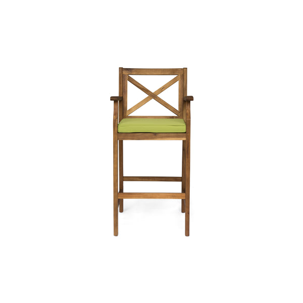 English Elm Christopher Knight Home® - PERLA Acacia Wood Outdoor Barstool Set of 2 with Water-Resistant Cushions, Cross-Back Farmhouse Charm Green 63748.00GRN