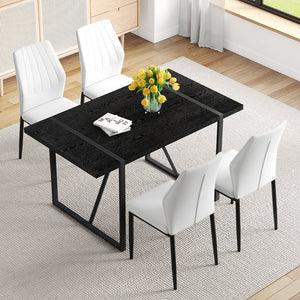 English Elm Black Faux Wood Grain Rectangular Dining Set with Shell Pattern Upholstered Chairs White+Black W1151S04366