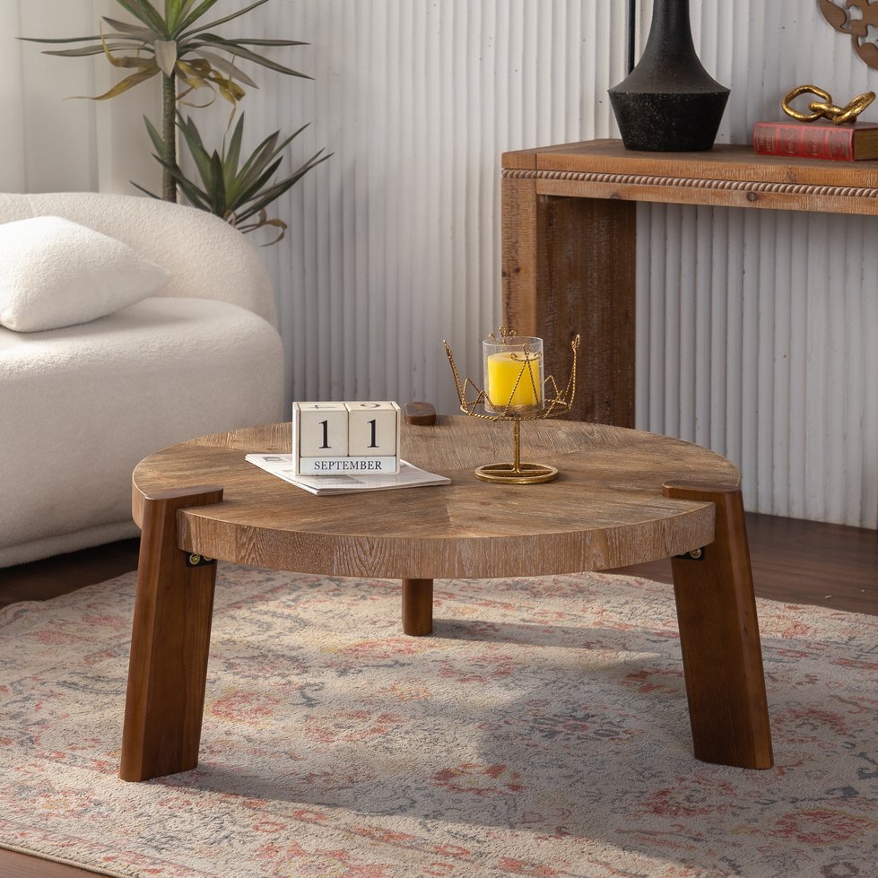 English Elm 36.61" Round Solid Wood Herringbone Coffee Table Tapered Legs Rustic Living Room W3158P453163