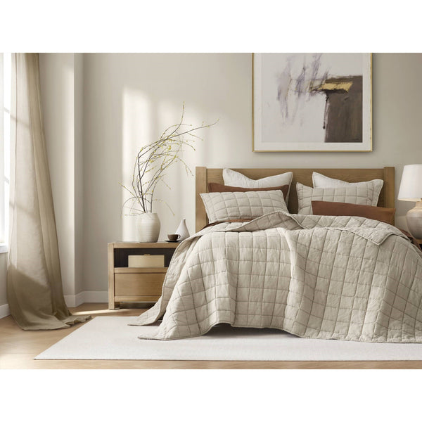 English Elm 3-piece French Linen Quilt Set Garment Washed Breathable Box Stitched Bedding Linen B035P408297