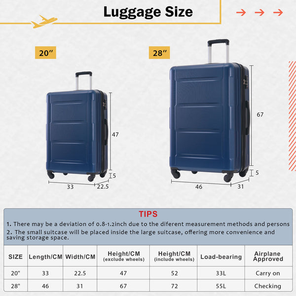English Elm 2 Piece Abs Hard Shell Spinner Luggage Set with Tsa Lock Expandable Suitcases Blue N732P198745C