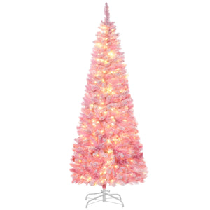 English Elm Homcom 6Ft Snow Flocked Pencil Christmas Tree With Warm White Leds – Perfect Space-Saving Holiday Decor W2225P229398
